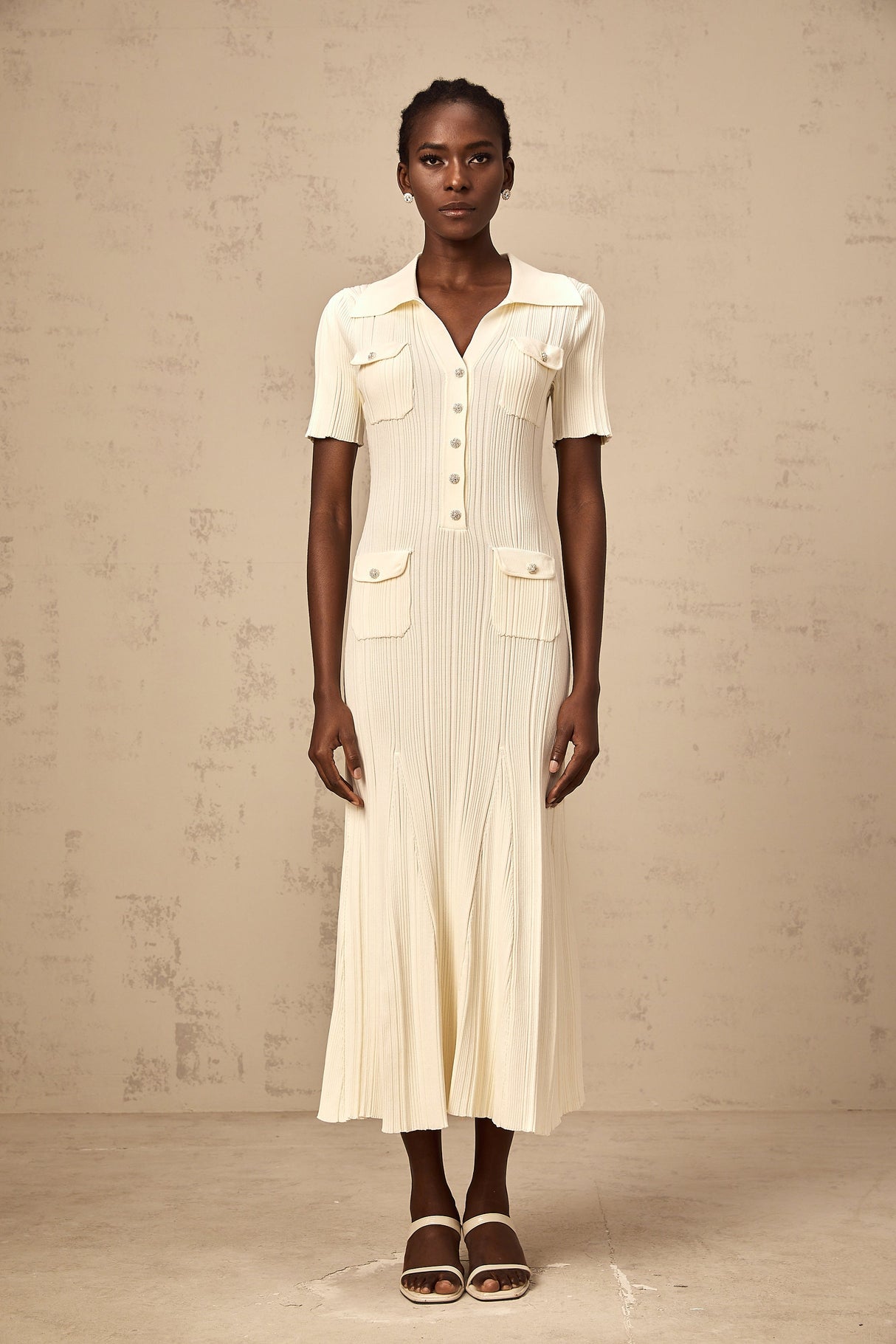 Aurohaya Nouria neutrals ribbed-knit midi dress