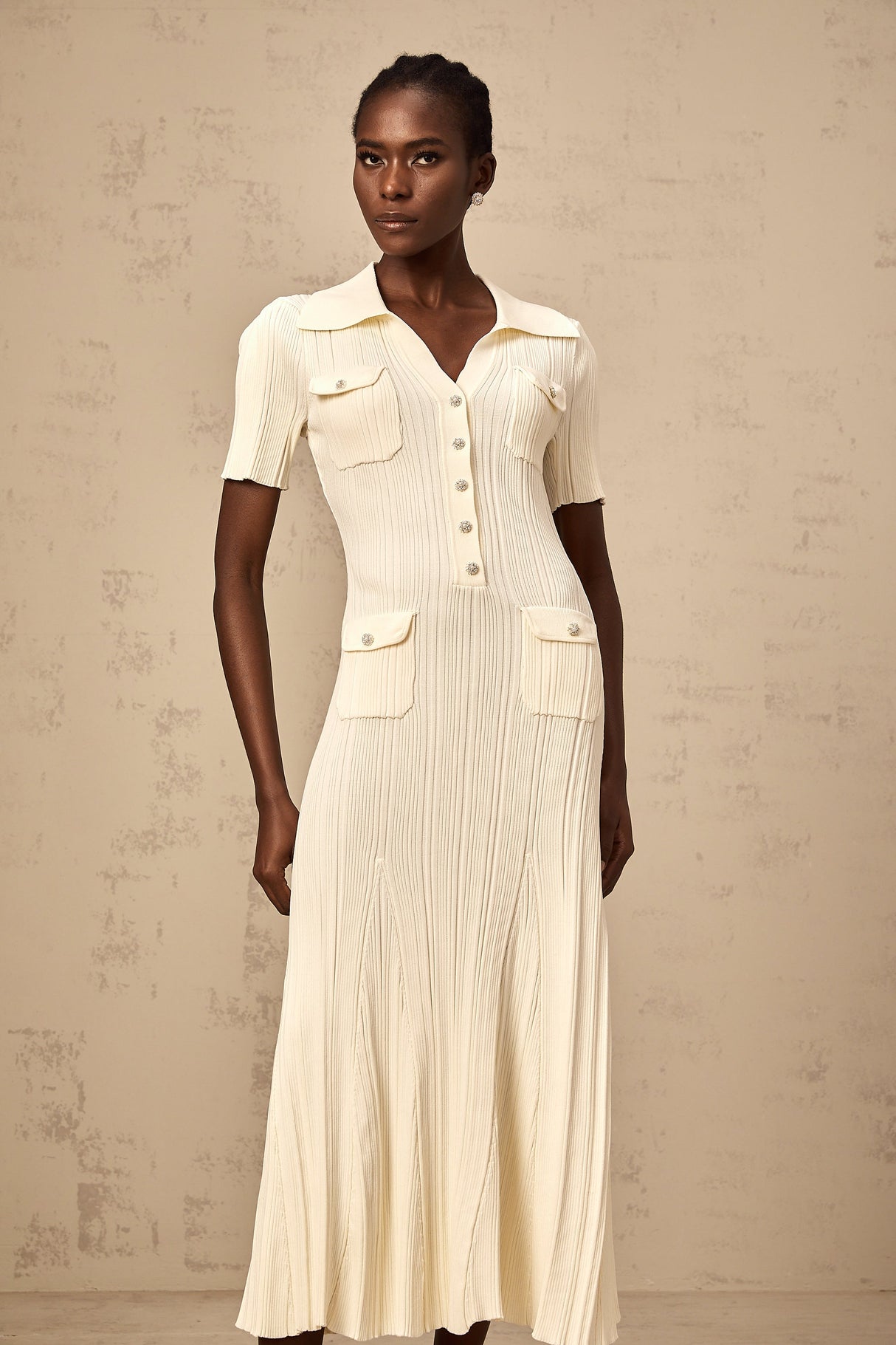 Aurohaya Nouria neutrals ribbed-knit midi dress