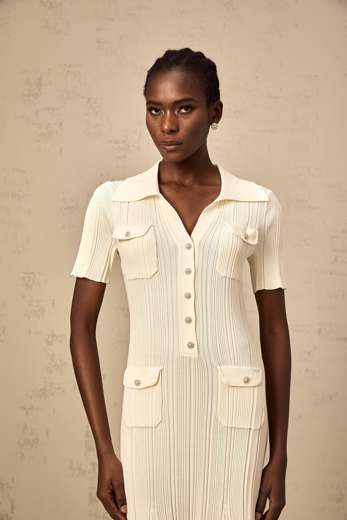 Aurohaya Nouria neutrals ribbed-knit midi dress