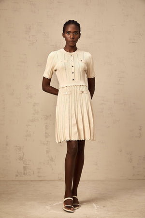 Aurohaya Amélie neutrals pointelle-trim pleated knit mini dress