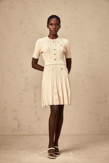 Aurohaya Amélie neutrals pointelle-trim pleated knit mini dress
