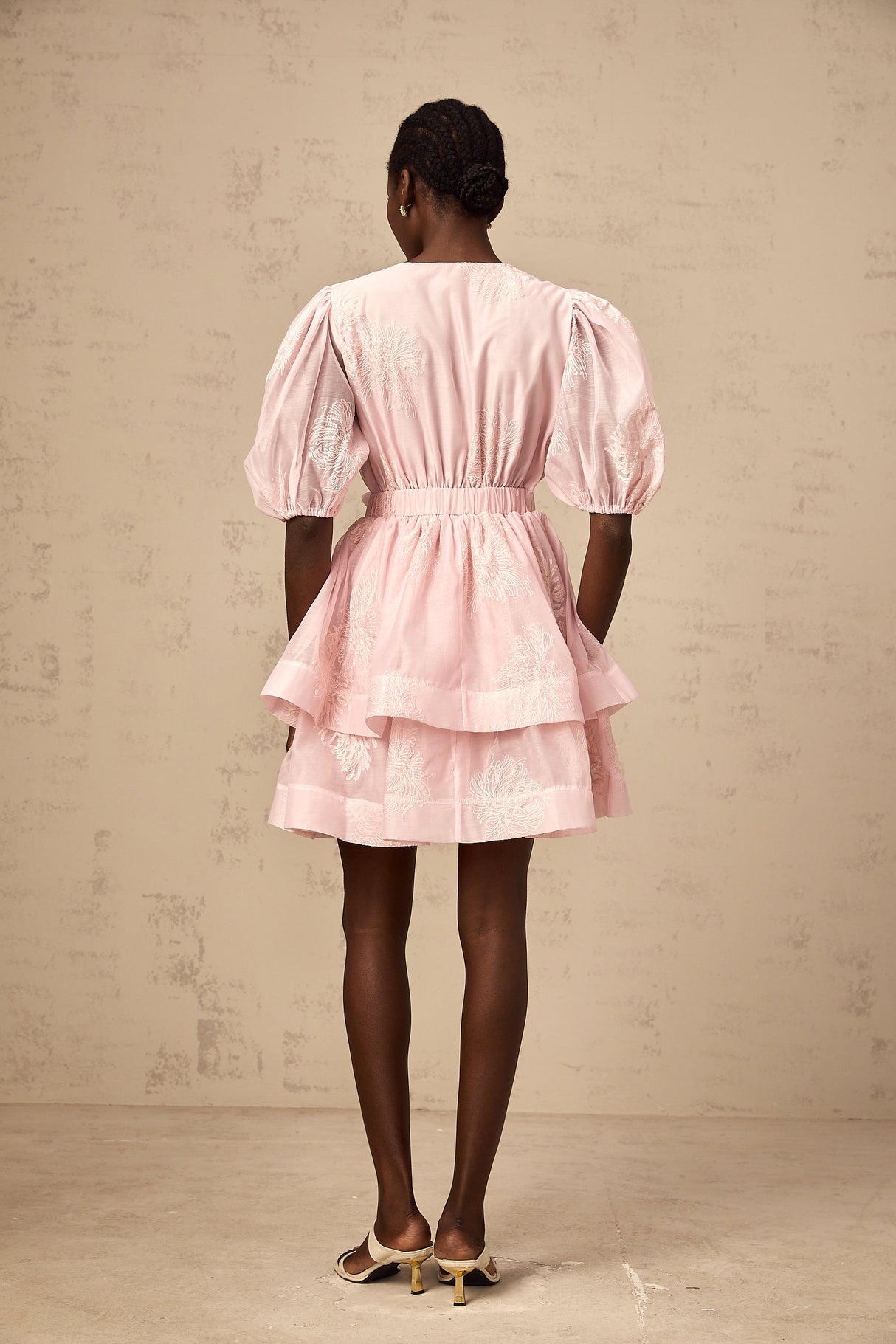 Aurohaya Florence pink floral-embroidered layered mini dress