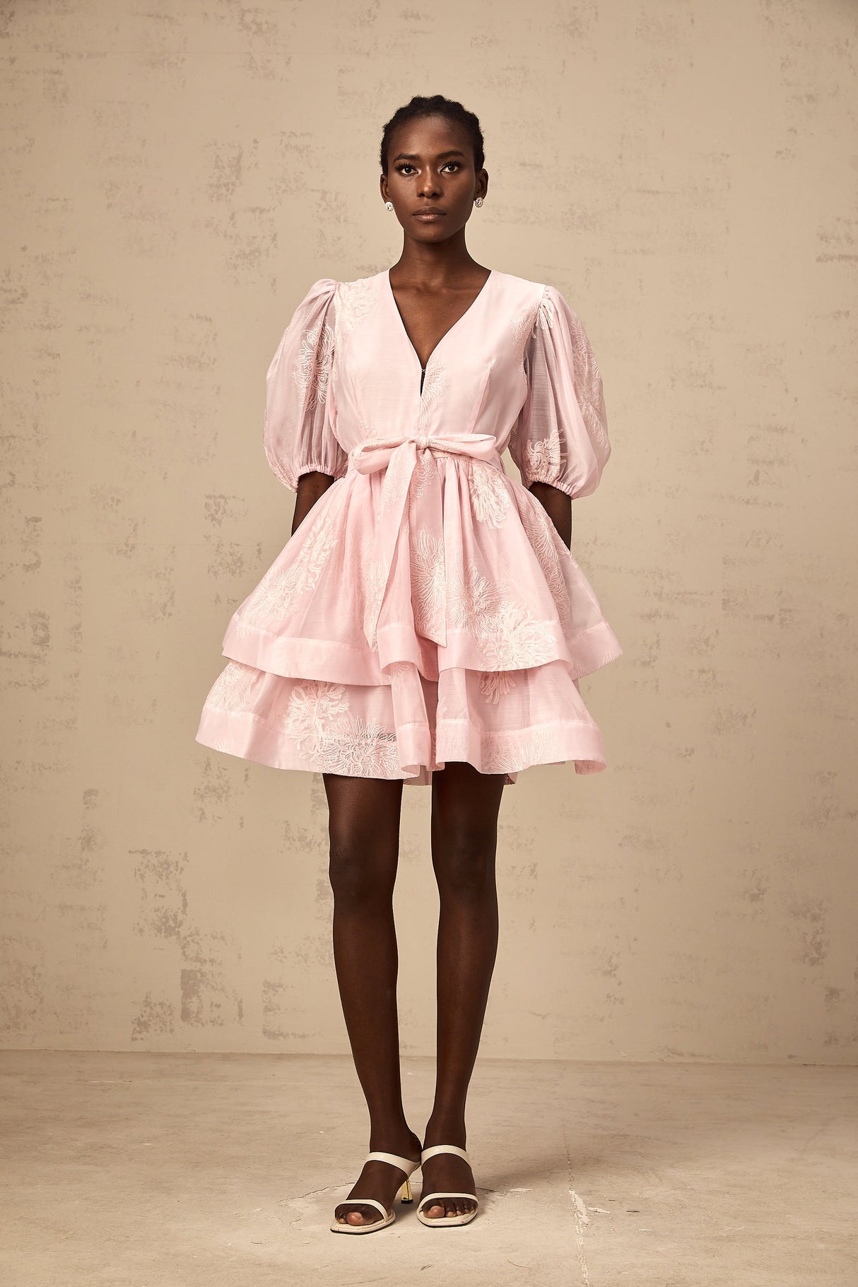 Aurohaya Florence pink floral-embroidered layered mini dress
