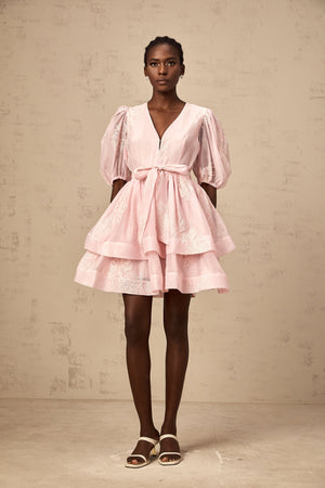 Aurohaya Florence pink floral-embroidered layered mini dress