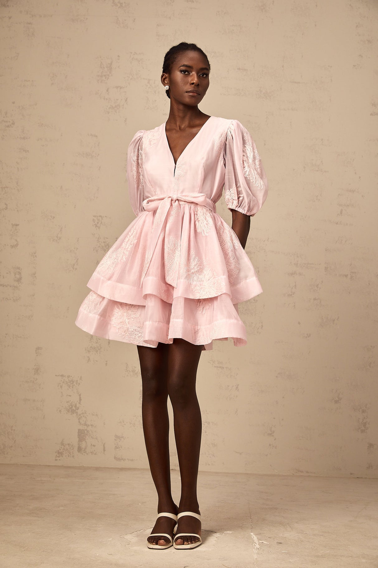 Aurohaya Florence pink floral-embroidered layered mini dress