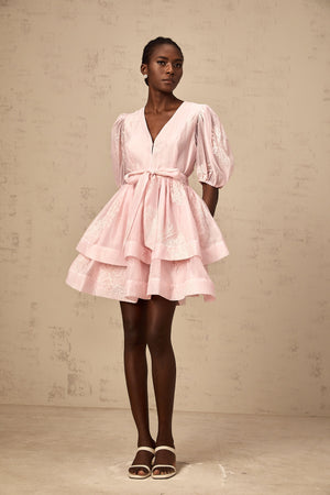 Aurohaya Florence pink floral-embroidered layered mini dress