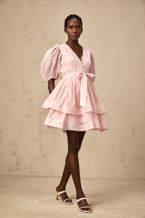 Aurohaya Florence pink floral-embroidered layered mini dress