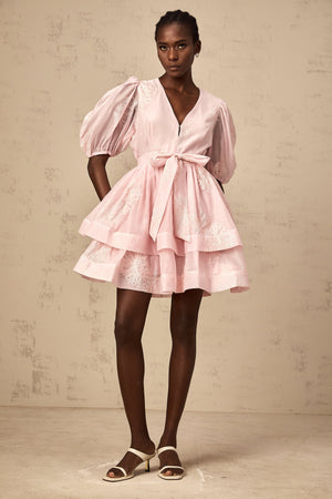 Aurohaya Florence pink floral-embroidered layered mini dress