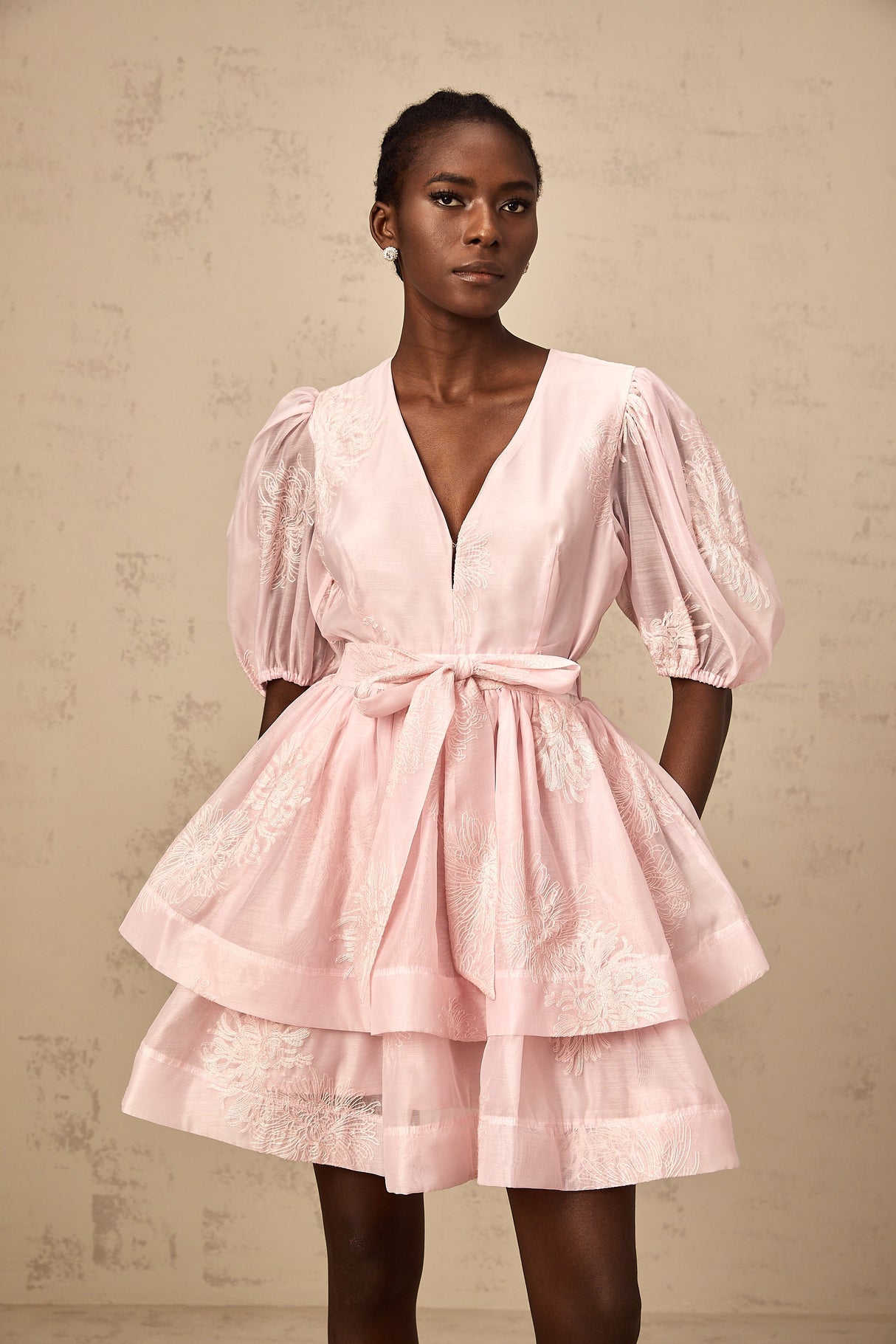 Aurohaya Florence pink floral-embroidered layered mini dress