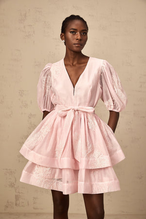 Aurohaya Florence pink floral-embroidered layered mini dress