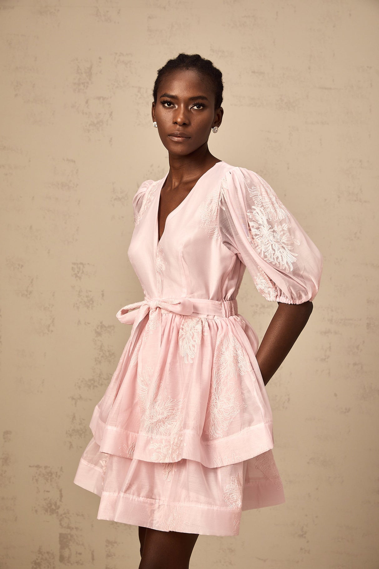 Aurohaya Florence pink floral-embroidered layered mini dress