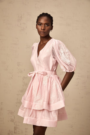 Aurohaya Florence pink floral-embroidered layered mini dress