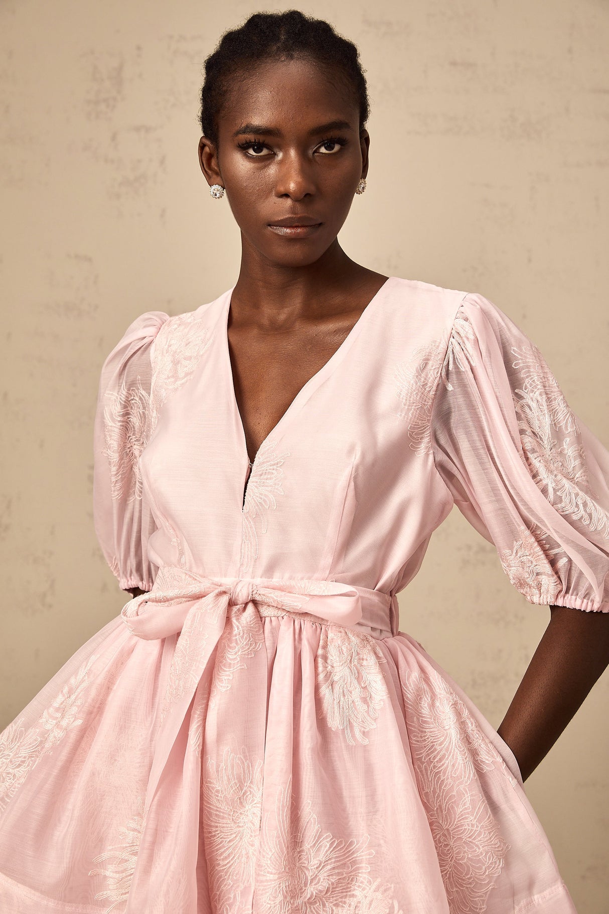 Aurohaya Florence pink floral-embroidered layered mini dress
