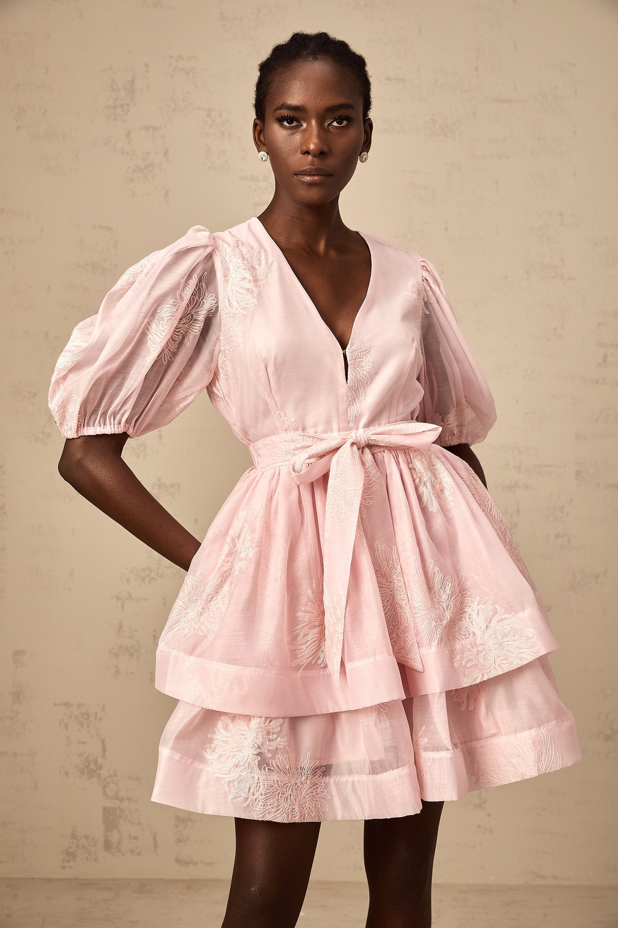 Aurohaya Florence pink floral-embroidered layered mini dress