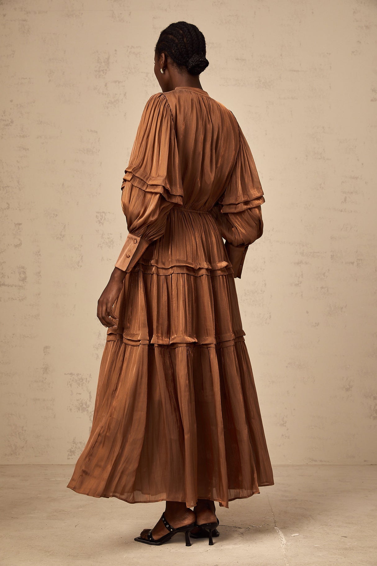 Aurohaya Emma brown ruffled-trim tiered maxi dress