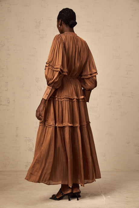 Aurohaya Emma brown ruffled-trim tiered maxi dress