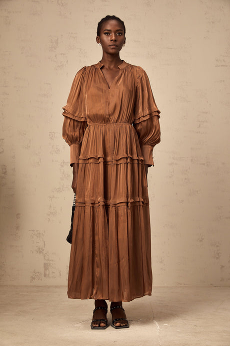 Aurohaya Emma brown ruffled-trim tiered maxi dress