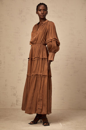 Aurohaya Emma brown ruffled-trim tiered maxi dress