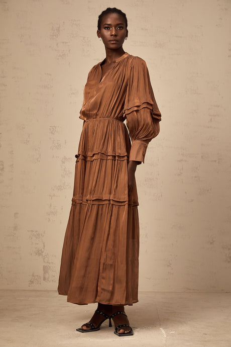 Aurohaya Emma brown ruffled-trim tiered maxi dress