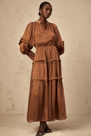 Aurohaya Emma brown ruffled-trim tiered maxi dress