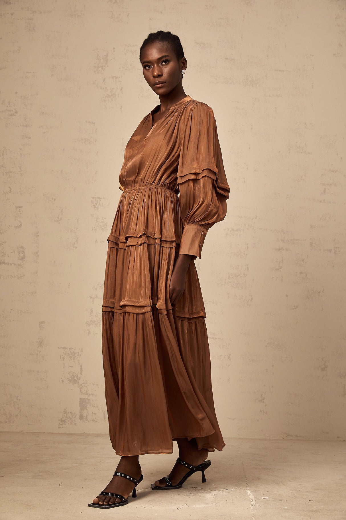 Aurohaya Emma brown ruffled-trim tiered maxi dress