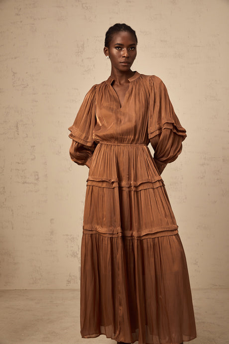 Aurohaya Emma brown ruffled-trim tiered maxi dress