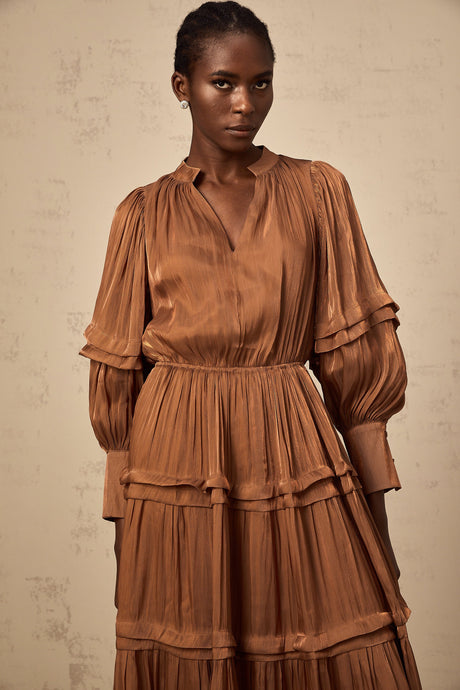 Aurohaya Emma brown ruffled-trim tiered maxi dress