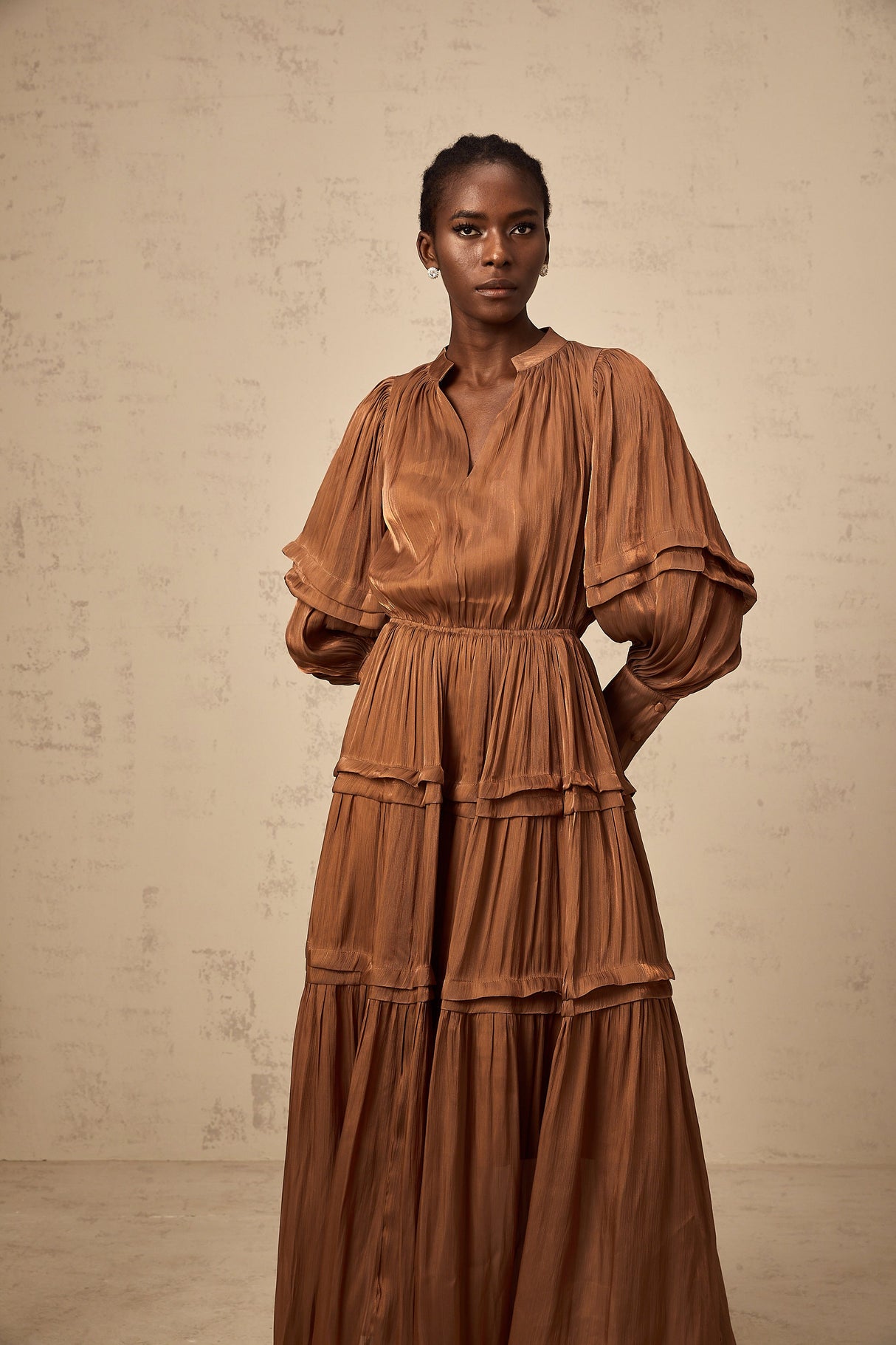 Aurohaya Emma brown ruffled-trim tiered maxi dress