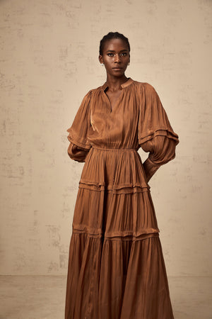 Aurohaya Emma brown ruffled-trim tiered maxi dress