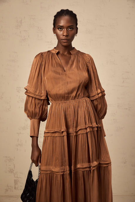 Aurohaya Emma brown ruffled-trim tiered maxi dress