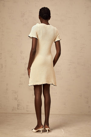 Aurohaya Victoire neutrals ruffled pointelle-knit mini dress