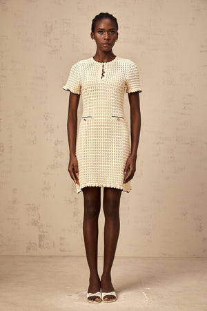 Aurohaya Victoire neutrals ruffled pointelle-knit mini dress