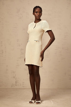 Aurohaya Victoire neutrals ruffled pointelle-knit mini dress
