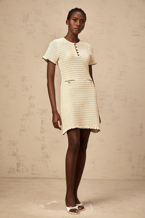 Aurohaya Victoire neutrals ruffled pointelle-knit mini dress