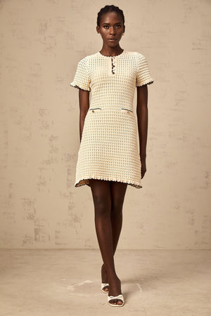 Aurohaya Victoire neutrals ruffled pointelle-knit mini dress