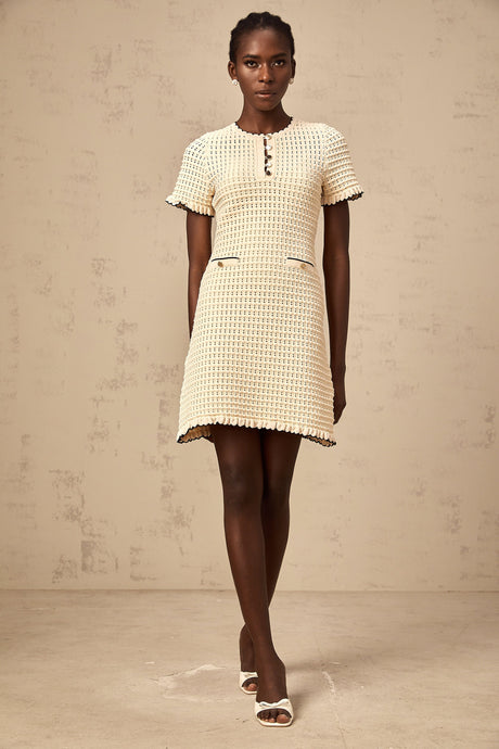 Aurohaya Victoire neutrals ruffled pointelle-knit mini dress