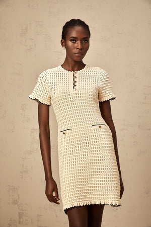 Aurohaya Victoire neutrals ruffled pointelle-knit mini dress