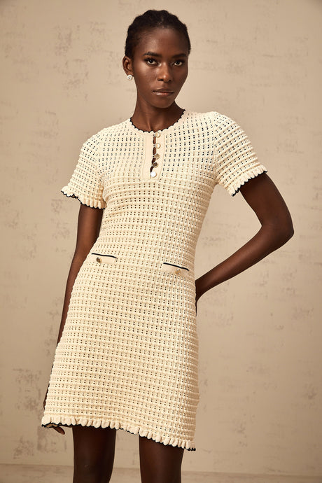 Aurohaya Victoire neutrals ruffled pointelle-knit mini dress
