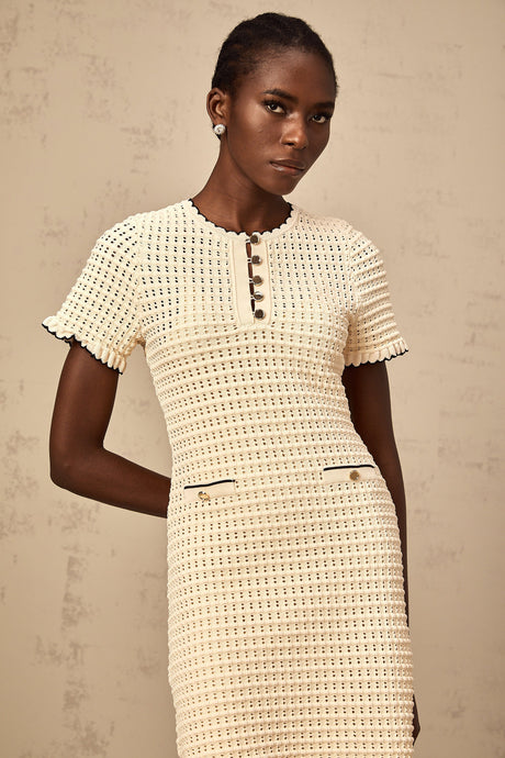 Aurohaya Victoire neutrals ruffled pointelle-knit mini dress