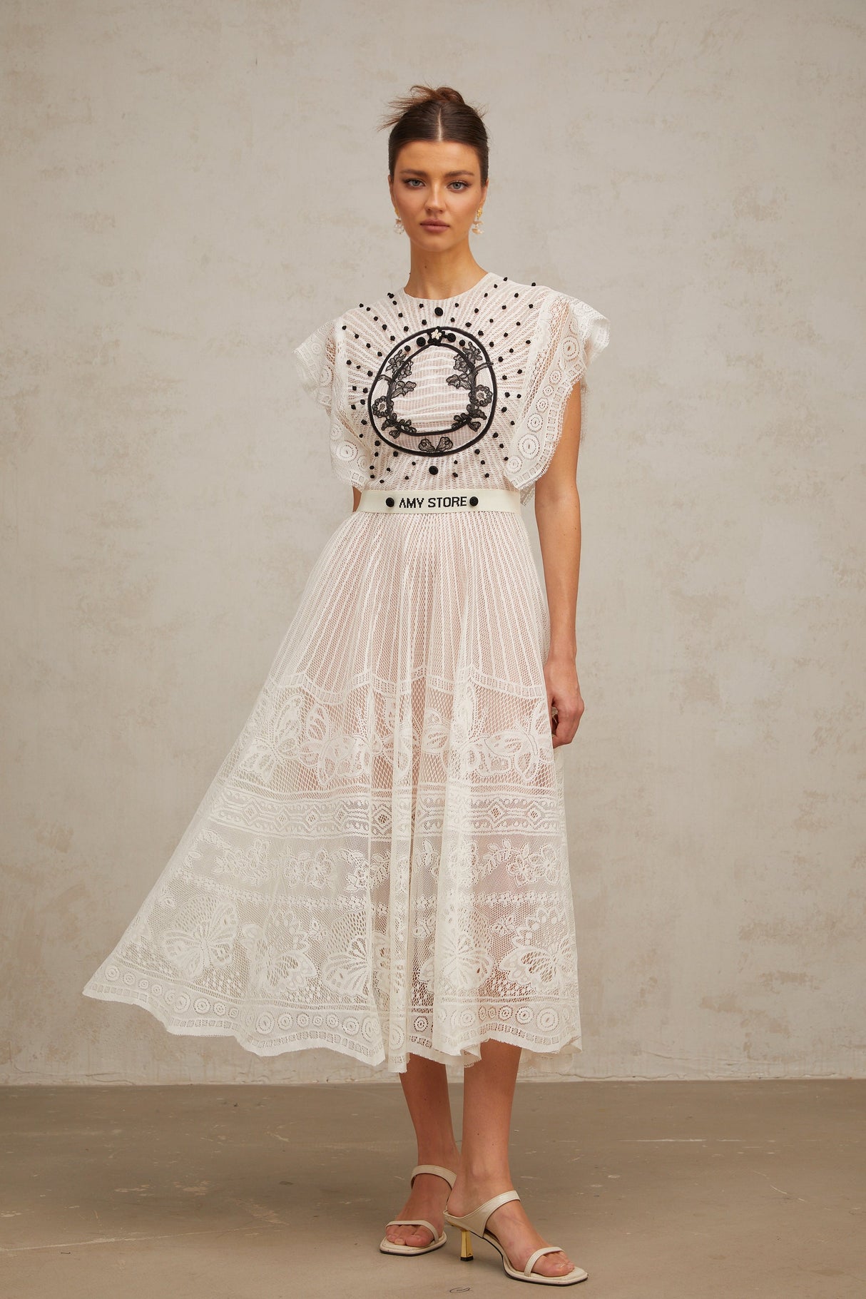 Aurohaya Phoebe white jacquard floral-lace pleated midi dress