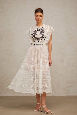 Aurohaya Phoebe white jacquard floral-lace pleated midi dress