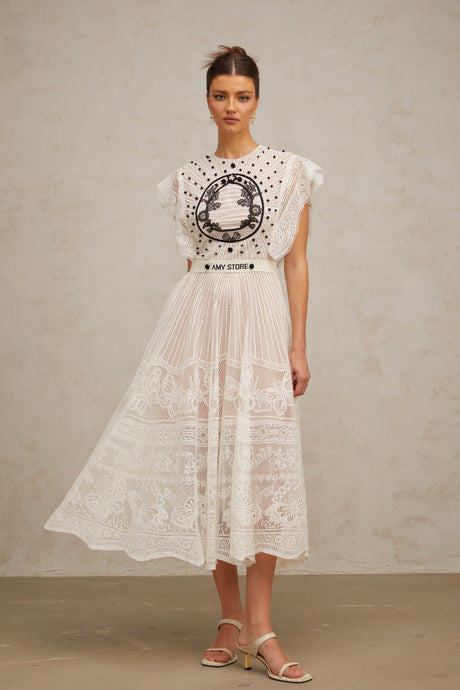 Aurohaya Phoebe white jacquard floral-lace pleated midi dress