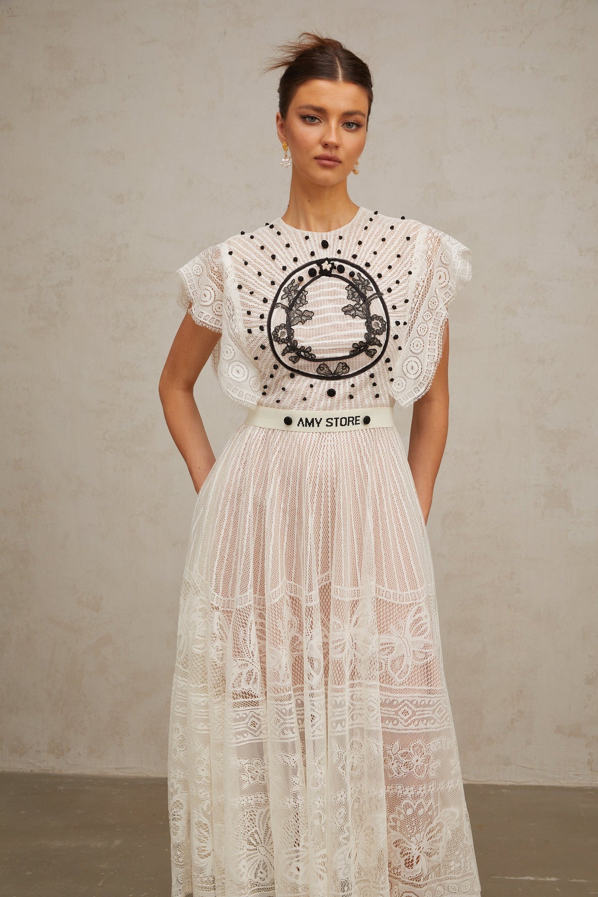 Aurohaya Phoebe white jacquard floral-lace pleated midi dress