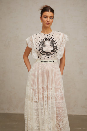 Aurohaya Phoebe white jacquard floral-lace pleated midi dress