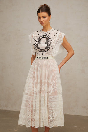 Aurohaya Phoebe white jacquard floral-lace pleated midi dress