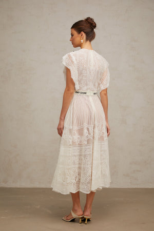 Aurohaya Phoebe white jacquard floral-lace pleated midi dress
