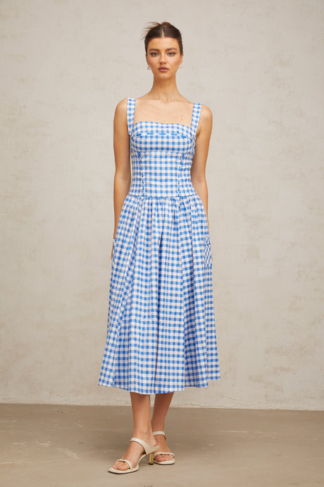 Aurohaya Diane blue gingham midi dress