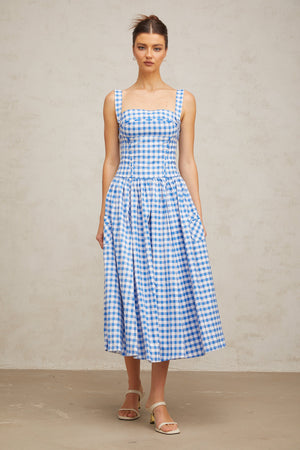 Aurohaya Diane blue gingham midi dress