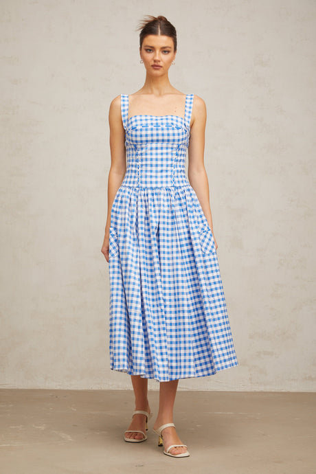 Aurohaya Diane blue gingham midi dress