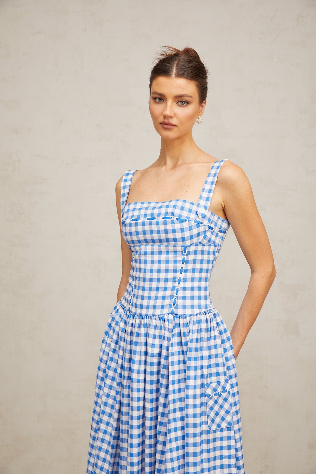 Aurohaya Diane blue gingham midi dress